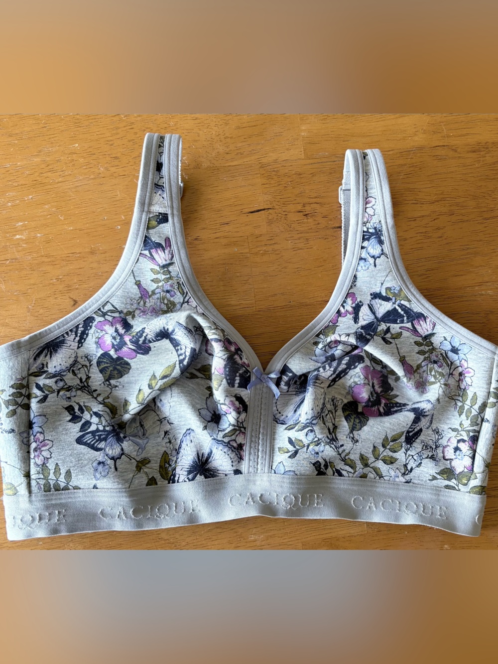 Cacique Light Gray Floral Wire-Free Bralette with Purple Accents